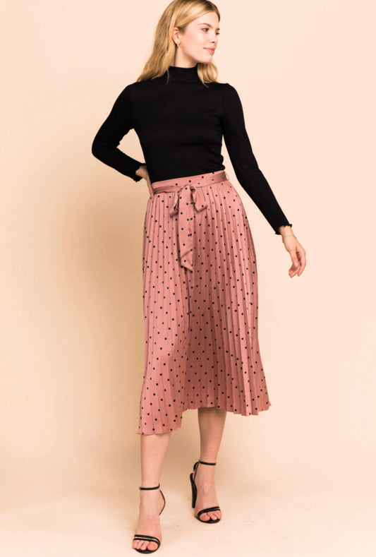 Pink Polka Dot Pleated Midi Skirt with Waist Tie